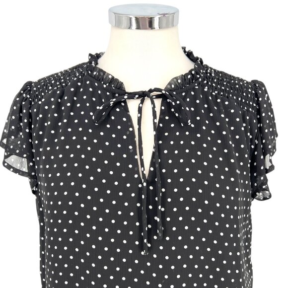 CeCe Black White Polka Dot Blouse Flutter Sleeve Size Medium - Picture 2 of 11